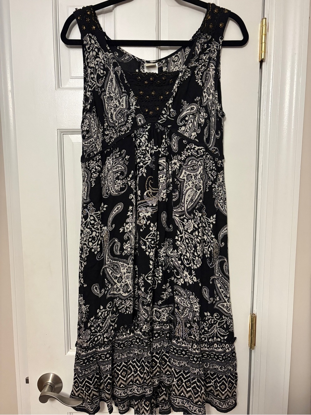 Black & White Paisley Midi Dress with Beaded Neckline